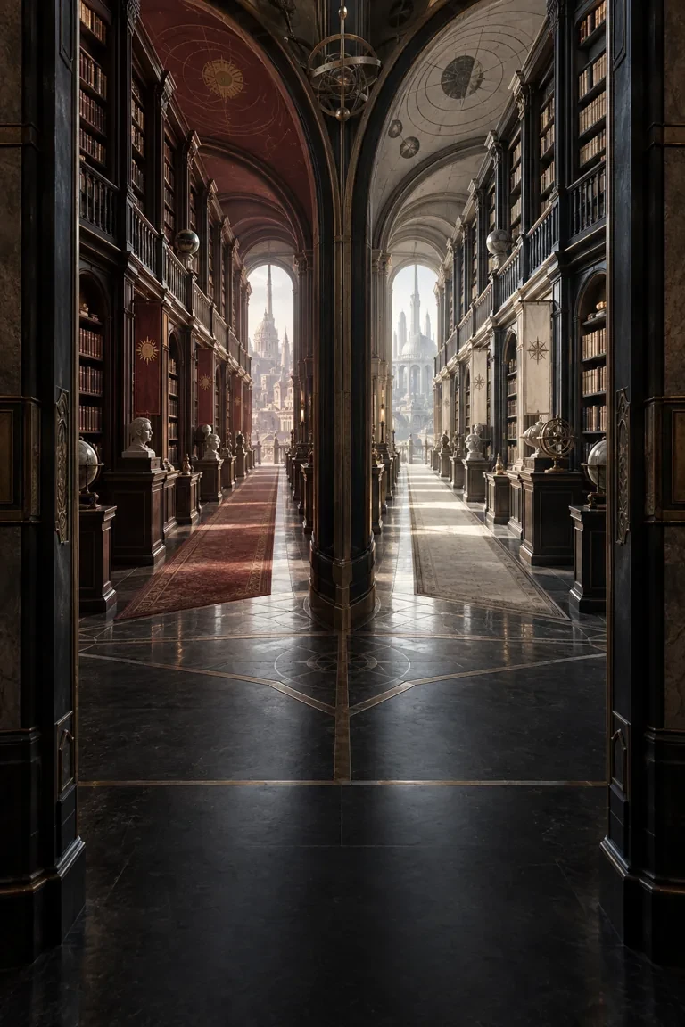 AI-generated illustration of the Alternate histories section of a speculative-fiction library.